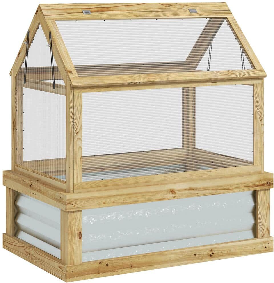 Outsunny 35.5 in. x 22.5 in. x 38.25 in. Fir Wood, Polycarbonate Natural Wood Cold Frame GREENHOUSE