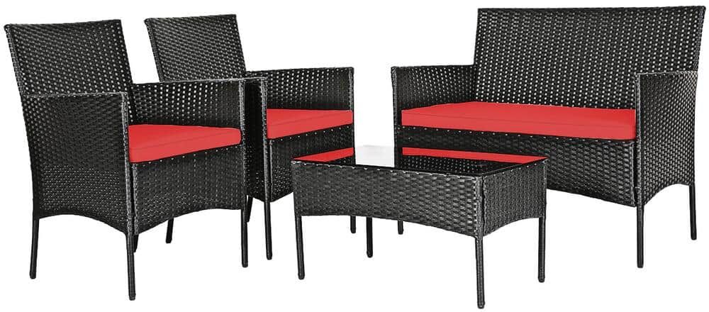 Costway 4-Piece Wicker Patio Conversation Set Sofa Coffee Table with Red Cushions