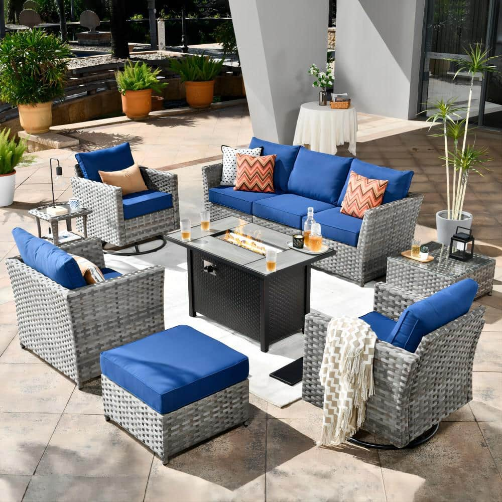 Hanes Gray 10-Piece Wicker Patio Fire Pit Sectional Seating Set with Navy Blue Cushions and Swivel Rocking Chairs