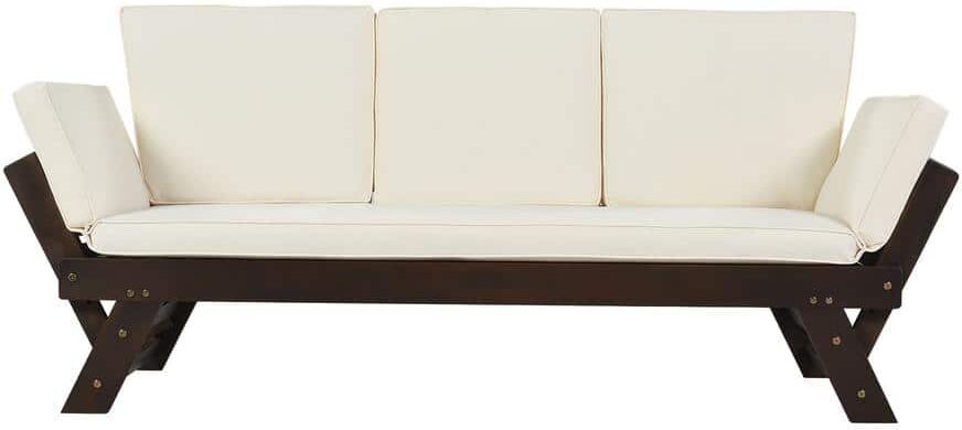 FORCLOVER Brown Acacia Wood Outdoor Couch Day Bed Adjustable Sofa with Beige Cushions