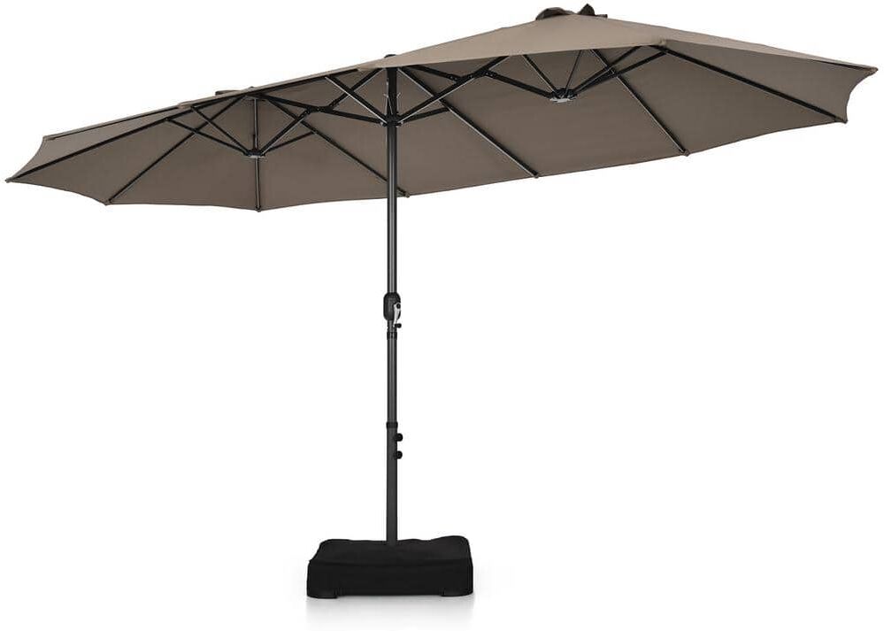 Costway 15 ft. Steel Market Double-Sided Twin Patio Umbrella Sun Shade Outdoor in Brown