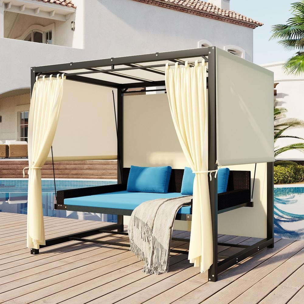 Harper & Bright Designs Black Metal Wicker Patio Swing Daybed with Adjustable Beige Curtains and Blue Cushions