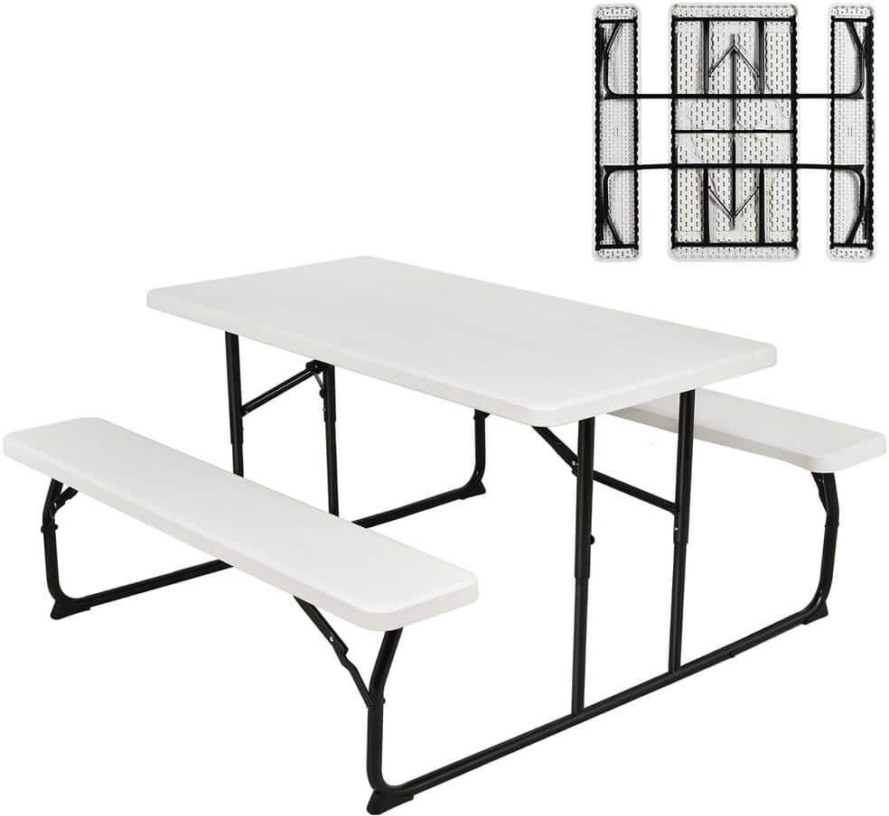 Costway White Foldable Metal Bench Set Picnic Outdoor Camping Table With Extension