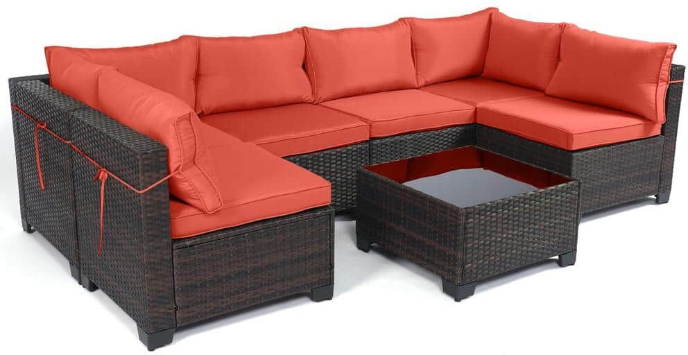 LeveLeve 7-Pieces Outdoor Patio Furniture Sets, Wicker Patio Sofa, Rattan Conversation Sectional Set with Tea Table Orange Red