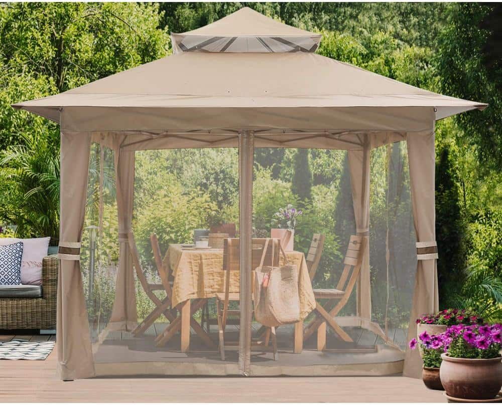 ABCCANOPY 13 ft. x 13 ft. Khaki Steel Pop Up Portable Gazebo Outdoor Patio Canopy Double Roof with Mosquito Netting