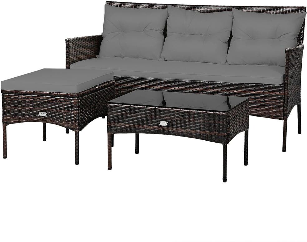 Costway 3-Piece Plastic Wicker Outdoor Sectional Set with Gray Cushions