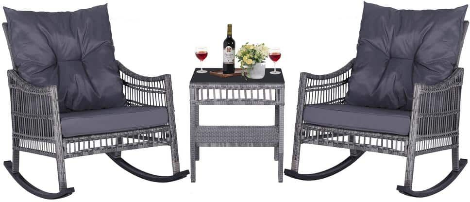 VEIKOUS 3-Piece Outdoor Rocking Chairs Wicker with Gray Cushions, Pillows and Table