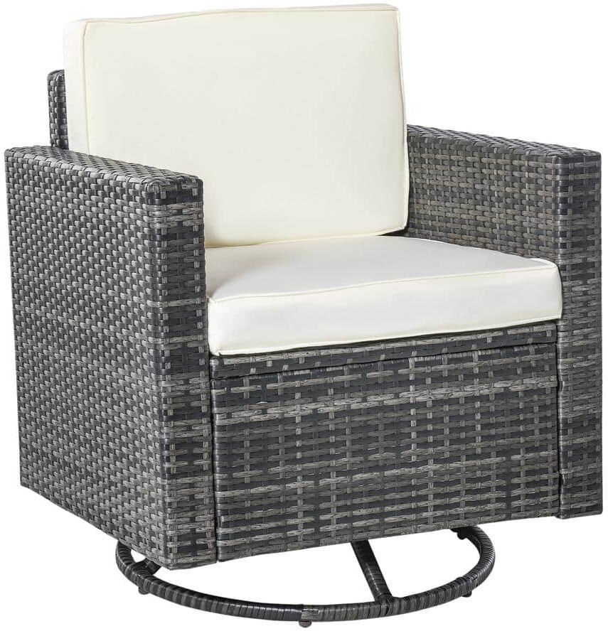 Outsunny Rattan Wicker Outdoor Rocking Chair with 360° Swivel Design, Lounge Armchair with Cream White Soft Thick Cushions