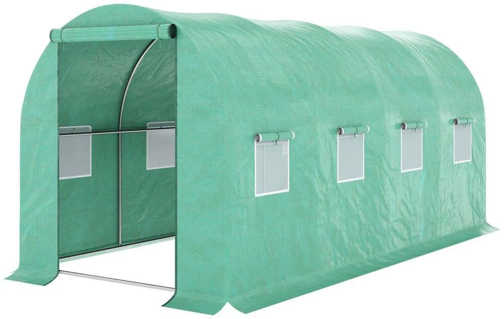 Outsunny 7 ft. W x 15 ft. D x 7 ft. H Steel Green Walk-in Tunnel Greenhouse