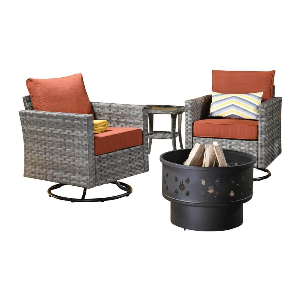 weaxty W Hanes Gray 4-Piece Wicker Patio Fire Pit Swivel Seating Set with CushionGuard Orange Red Cushions