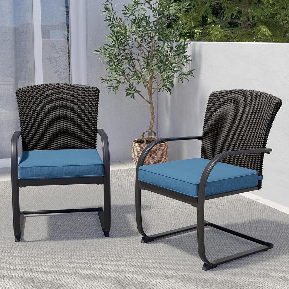 Yangming Peacock Blue Full Metal Iron Rattan C-Spring Outdoor Dining Chair with Cushion (2-Pack)