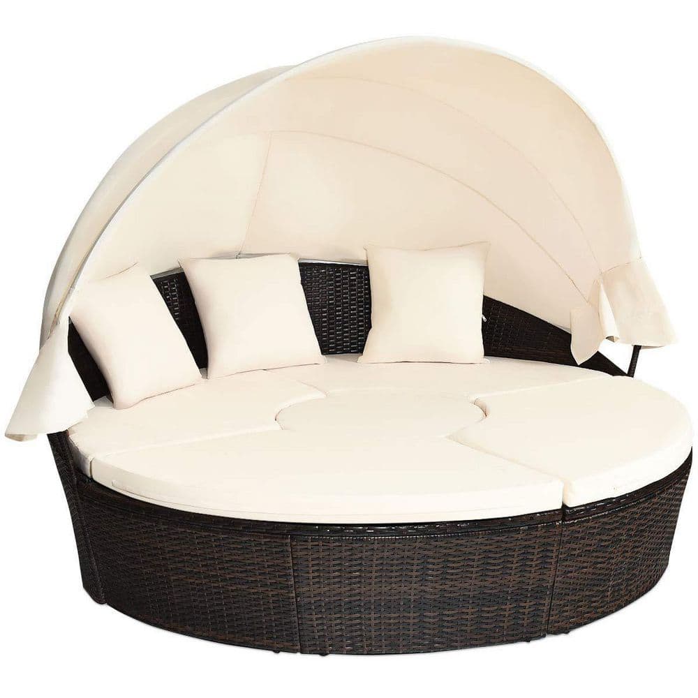 Alpulon Brown Wicker Outdoor Patio Day Bed with White Cushions and Canopy