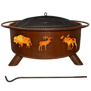 Wildlife 29 in. x 18 in. Round Steel Wood Burning Fire Pit in Rust with Grill Poker Spark Screen and Cover, Rust Patina