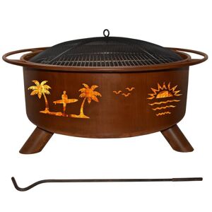 PATINA PRODUCTS Pacific Coast 29 in. x 18 in. Round Steel Wood Burning Fire Pit in Rust with Grill Poker Spark Screen and Cover, Rust Patina