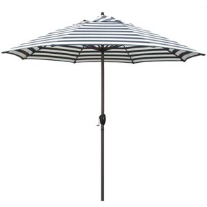 California Umbrella 9 ft. Aluminum Market Auto Tilt Crank Lift Bronze Patio Umbrella in Navy White Cabana Stripe Olefin