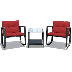 Costway Black 3-Piece Rattan Wicker Patio Conversation Set Rocking Chairs With Red Cushions