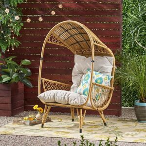 Noble House Malia Light Brown Removable Cushions Faux Rattan Outdoor Lounge Chair with Beige Cushion