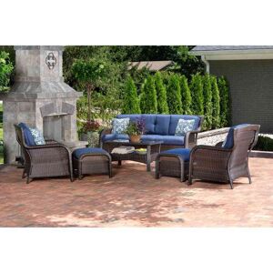 Hanover Strathmere 6-Piece Wicker Patio Conversation Set with Navy Blue Cushions