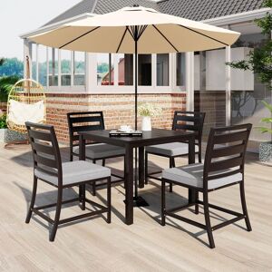 Anvil 5-Piece Brown Metal Outdoor Dining Set and Square Table with Umbrella Hole, Patio Conversation Set with Gray Cushions