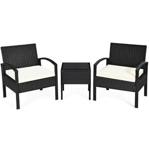 FORCLOVER 3-Piece Wicker Patio Conversation Set with White Cushions and Compact Size Table