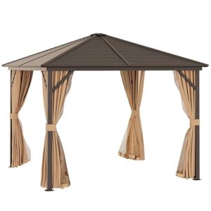 Outsunny 10 ft. x 10 ft. Outdoor Hardtop Patio Gazebo Steel Canopy with Aluminum Frame, Curtains, and Top Hook, Dark Brown