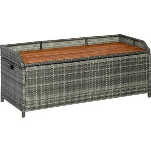 Outsunny 80 Gal. Mixed Grey Outdoor Storage Bench Wicker Deck Boxes with Wooden Seat, Gas Spring, Rattan Container Bin with Lip