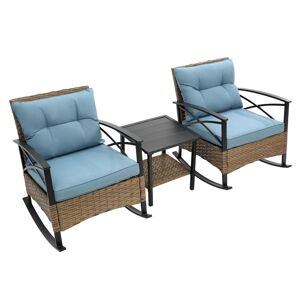 Anvil 3-Piece Wicker Patio Conversation Set Outdoor Rocking Chairs Rattan Furniture Set with Blue Cushions and Coffee Table