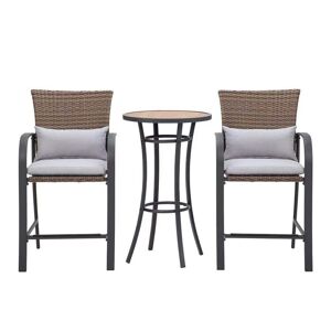 Anvil 3-Piece Wicker Bar Height Outdoor Dining Set Patio Bar Sets Outdoor Bar Table Bar Stools with Gray Cushions