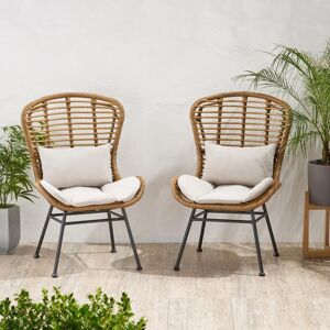 Noble House La Habra Light Brown Removable Cushions Faux Rattan Outdoor Lounge Chairs with Beige Cushions (2-Pack)
