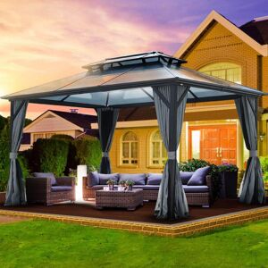 ToolCat 10 ft. x 13 ft. Aluminum Outdoor Polycarbonate Double Roof Gazebo with Ceiling Hook, Netting and Curtains, Dark Grey