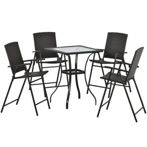Anvil Brown 5 Piece Wicker Counter Height Outdoor Dining Set Patio Table with Umbrella Hole and 4 Foldable Chairs
