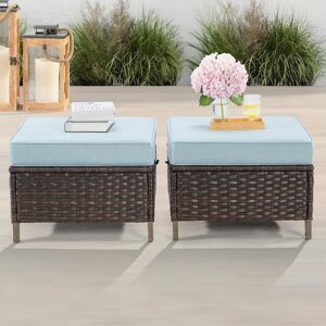 Gardenbee Wicker Outdoor Patio Ottoman with Baby Blue Cushions (Set of 2)