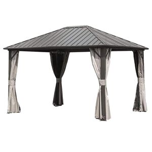 Clihome 10 ft. x 12 ft. Dark Brown Permanent Galvanized Steel Roof Gazebo with Aluminum Frame, Netting and Curtains