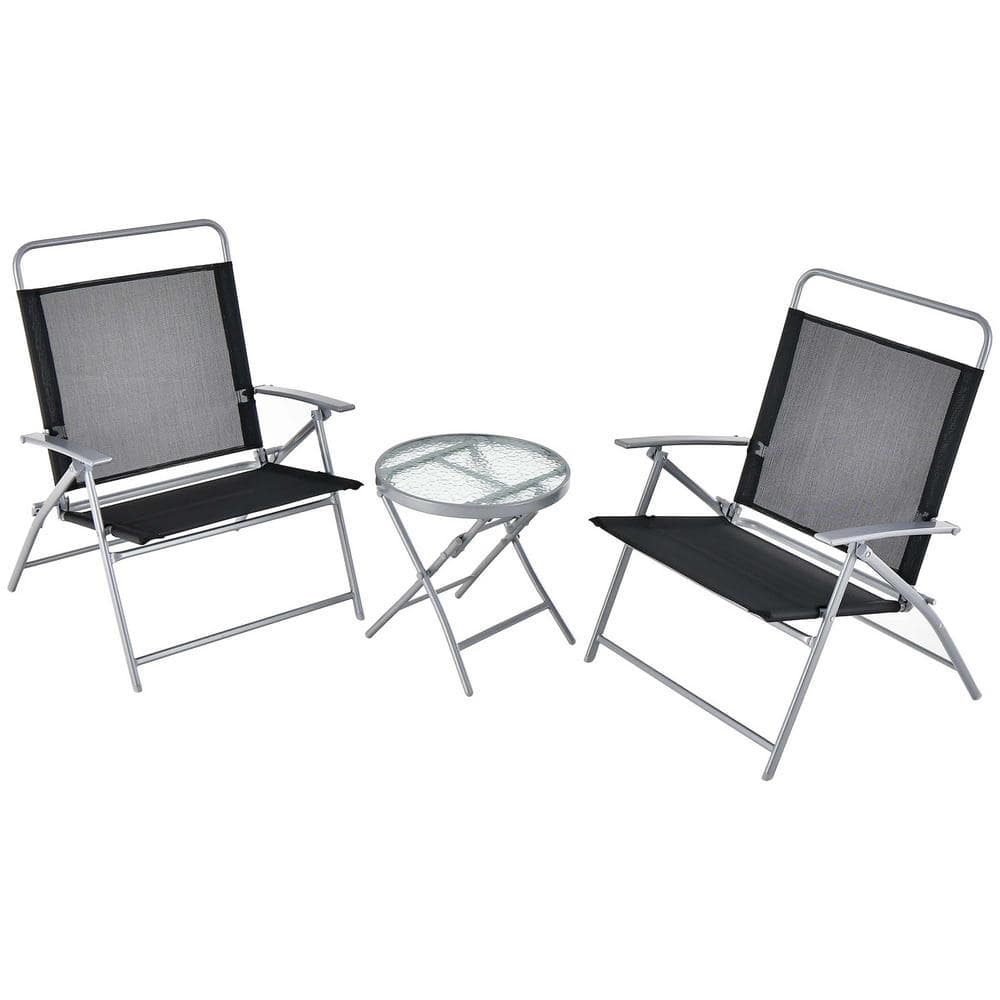 Costway 3-Piece Outdoor Folding Table Chair Set Metal Patio Conversation Set Extra-Large Seat Metal Frame Portable