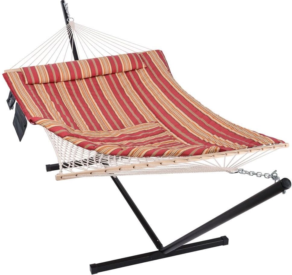 Atesun 10 ft. x 12 ft. Quilted Rope Hammock and 12 ft. Steel Stand with Detachable Pillow, Red Stripe