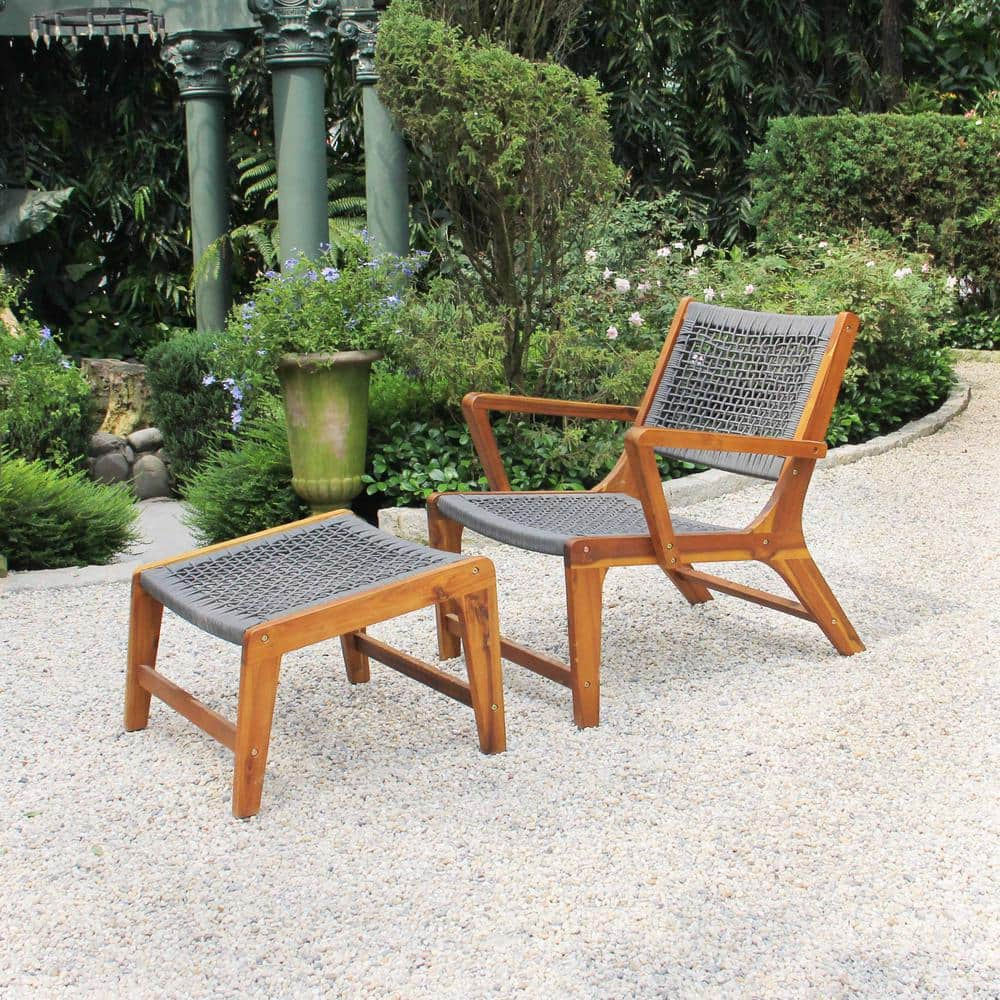 MADE 4 HOME Sevilla Chair Set Brown Frame Arms Chair with Footrest Wood Outdoor Lounge Chair in Gray Rope (2-Piece)