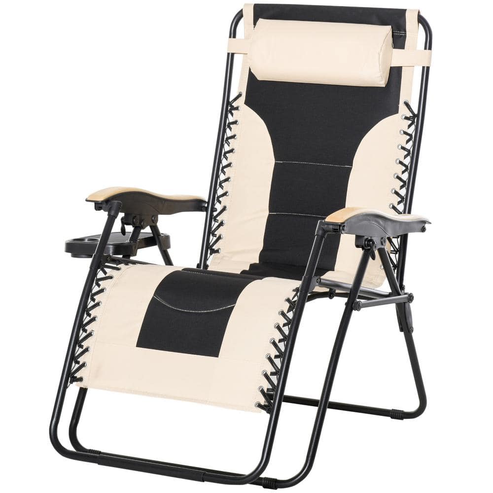 Outsunny Black Zero Gravity Metal Outdoor Lounge Chair Recliner with White/Brown Sling Cushions and a Folding Design