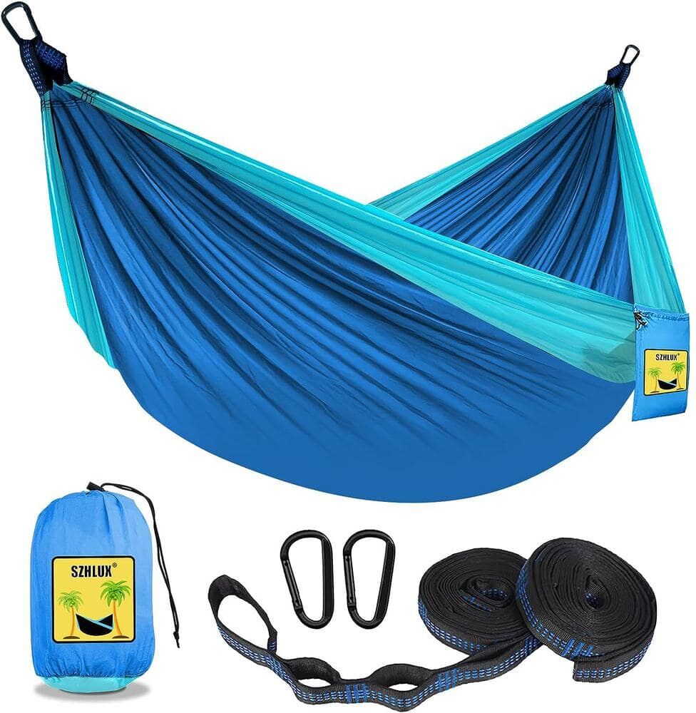 ITOPFOX 9.8 ft. Double and Single Large Portable Hammock with Storage Bag, 2 10-ft. Talon Straps in Dark Blue and Sky Blue