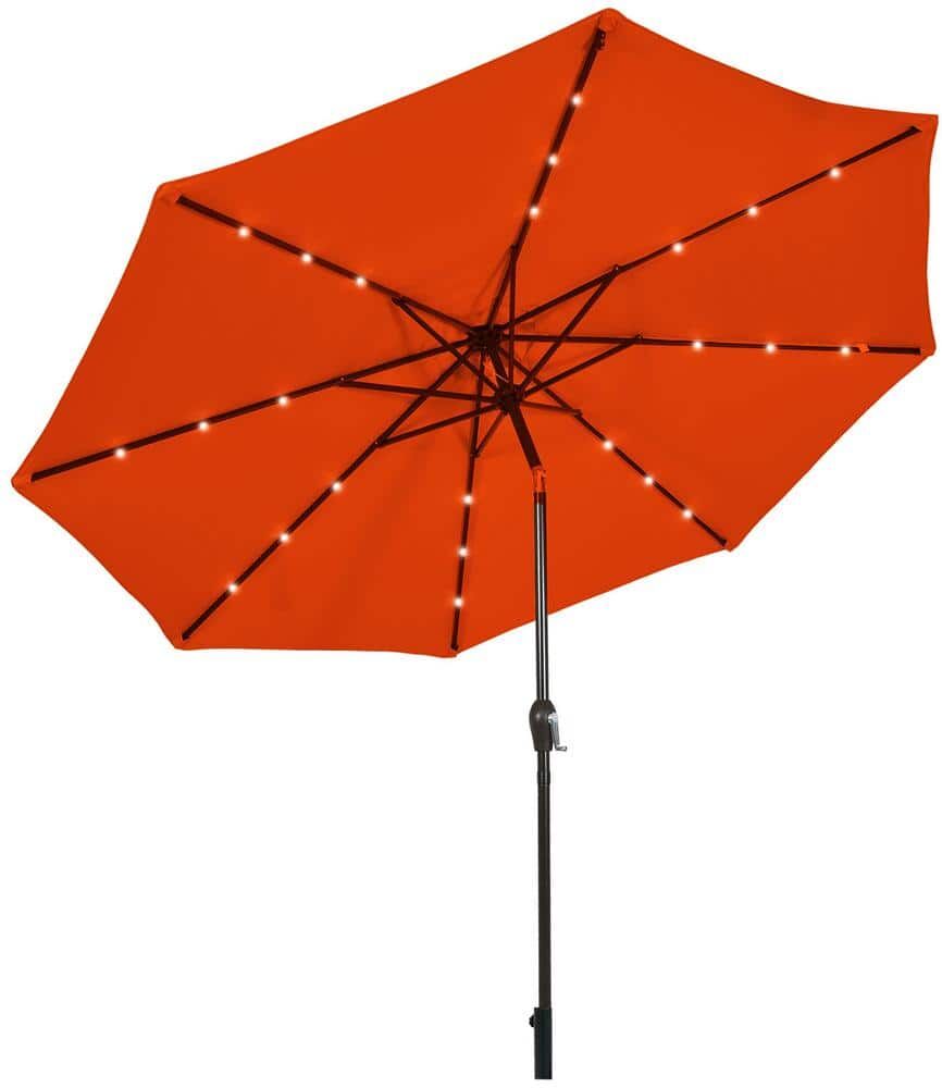 ANGELES HOME 10 ft. Iron Crank Lift Market Solar Panel Powered LED Light Tilt Patio Umbrella in Orange