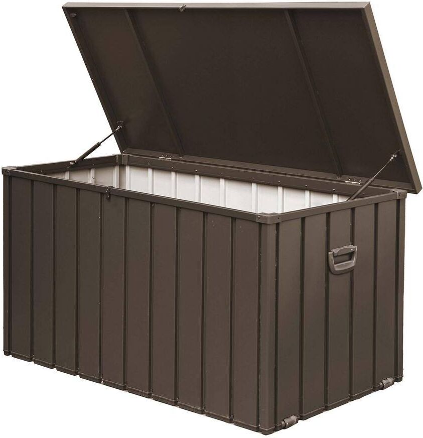 Zeus & Ruta 200 Gal. Dark Brown Steel Style Lockable Deck Box Waterproof, Large Patio Storage Bin for Outside Cushions, Garden Tools