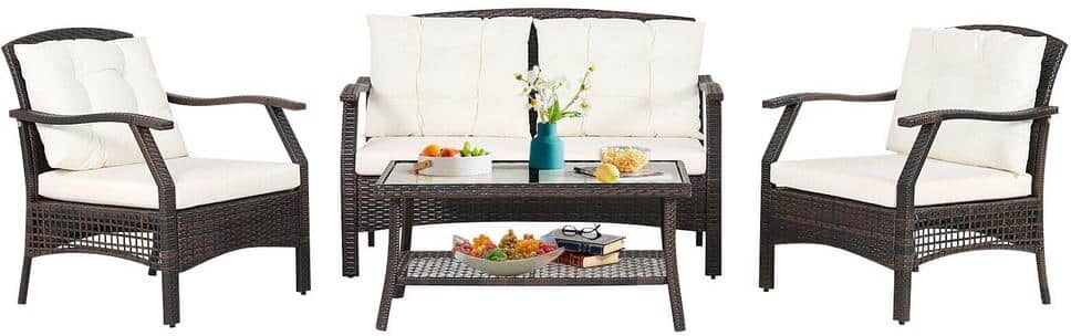 FORCLOVER 4-Piece Wicker Patio Conversation Set With Off White Cushions and Protective Cover