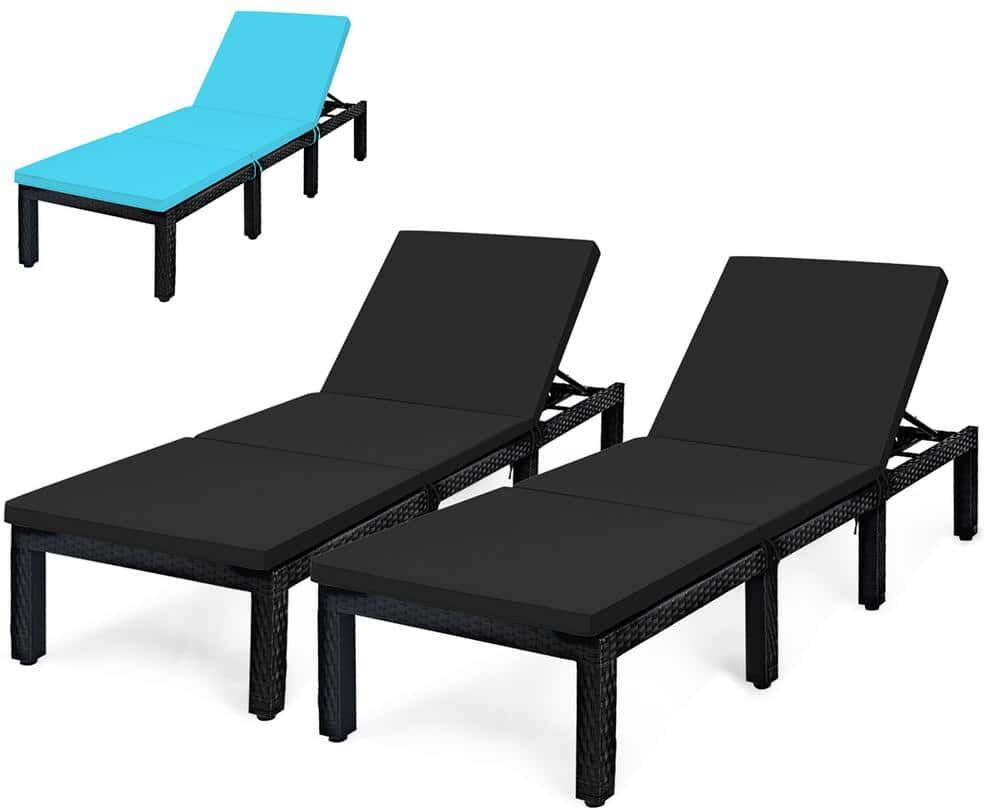 Costway Wicker Patio Lounge Chair Chaise Recliner Adjust with Black and Turquoise Cushion (2-Pieces)