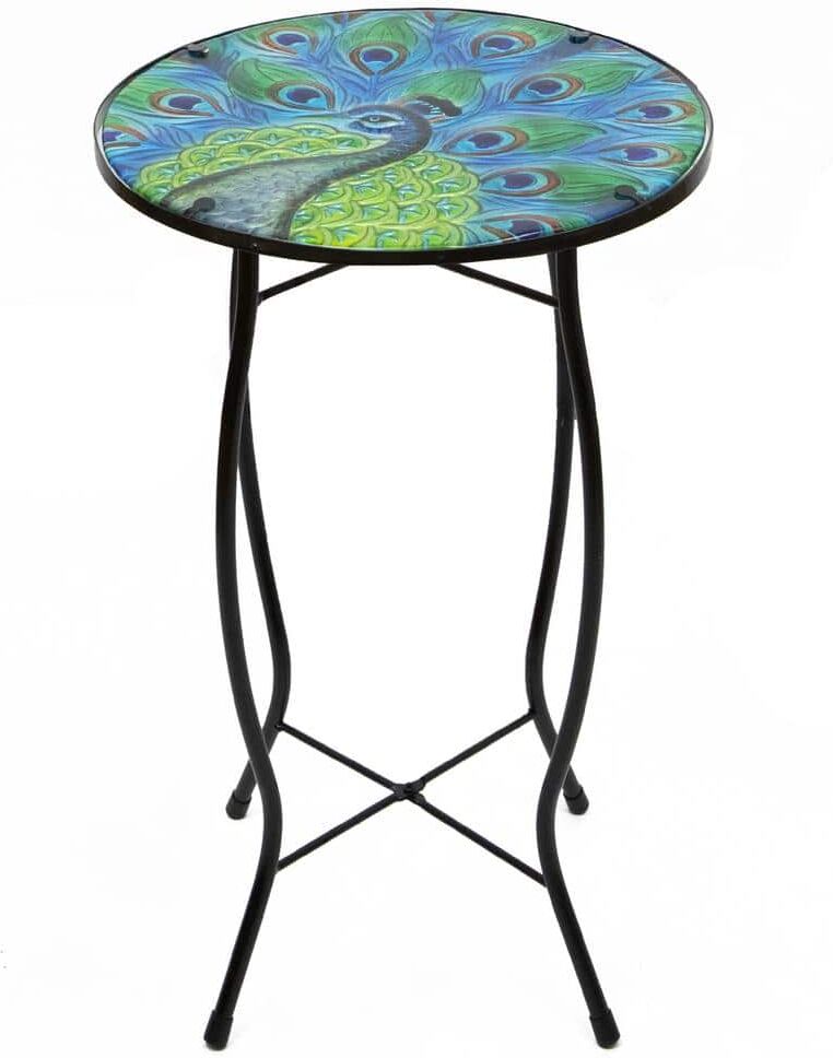 Northlight 19 in. Blue and Green Peacock Glass Patio Side Table