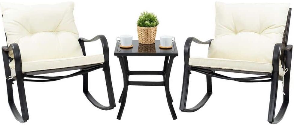 KOZYARD 3-Piece Metal Outdoor Bistro Set Rocking Chairs with White Cushions