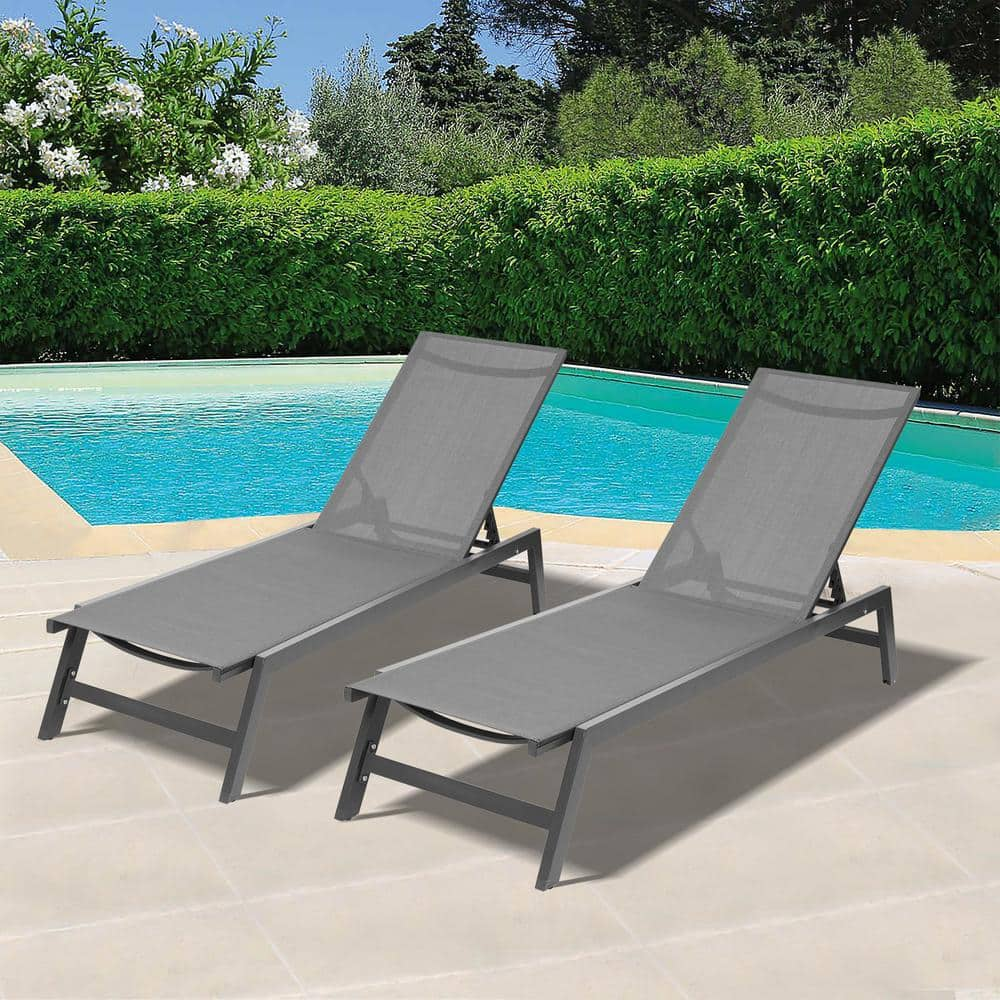 Afoxsos 2-Piece Aluminum Outdoor Chaise Lounge Set 5-Position Adjustable Aluminum Recliner (Gray Frame/Dark Gray Fabric)