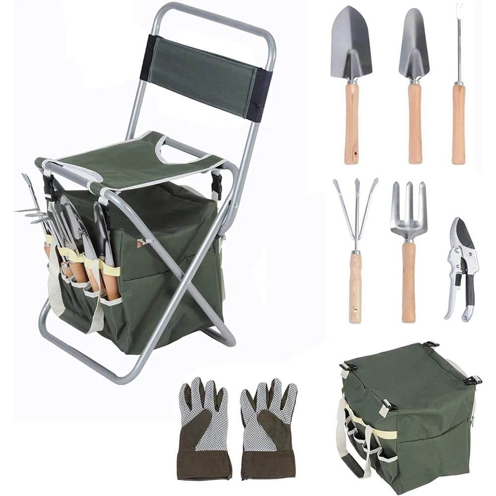ITOPFOX 9-Piece Garden Tool Set Ergonomic Wooden Handle Sturdy Stool with Detachable Tool Kit for Different Kinds of Gardening
