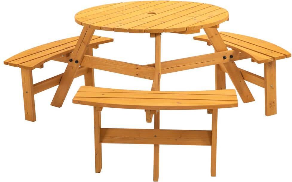 TIRAMISUBEST 6-Person Circular Wooden Outdoor Picnic Table for Patio, Backyard, Garden, DIY with 3 Built-In Benches Natural