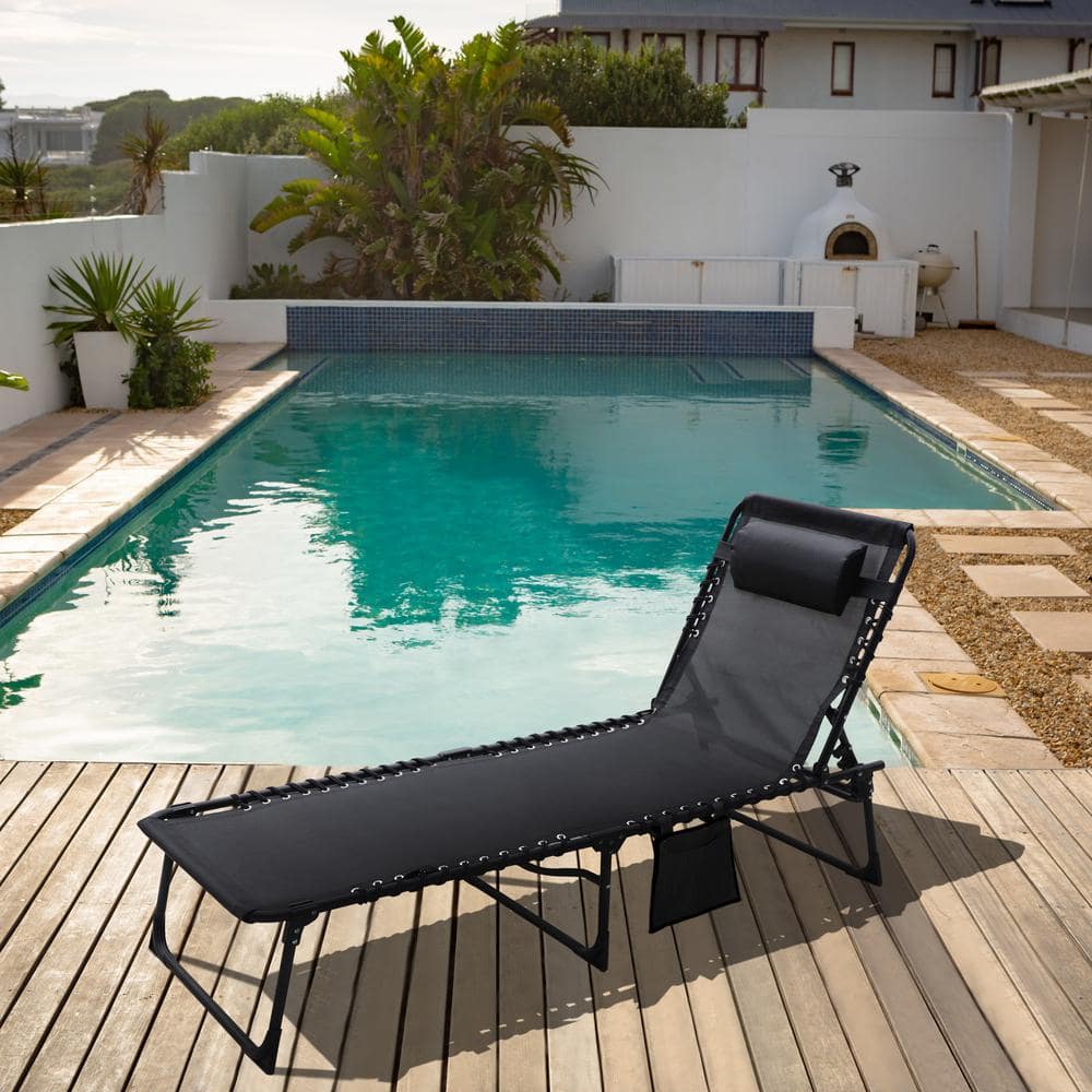 VEIKOUS Metal Outdoor Folding Chaise Lounge Chair with Pillow and Pocket in Black