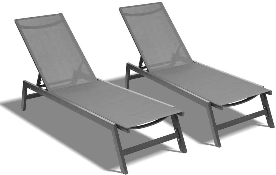 Dark Grey 2-Piece Metal Outdoor Chaise Lounge Chairs with Five-Position Adjustable Recliner All Weather for Patio, Beach