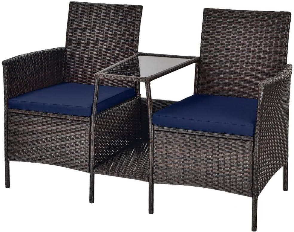 Costway 1-Piece Wicker Patio Conversation Set Sofa Loveseat Glass Table with Navy Cushion